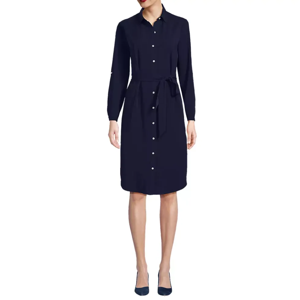 Women's Long Sleeve Twill Below Knee Belted Shirt Dress