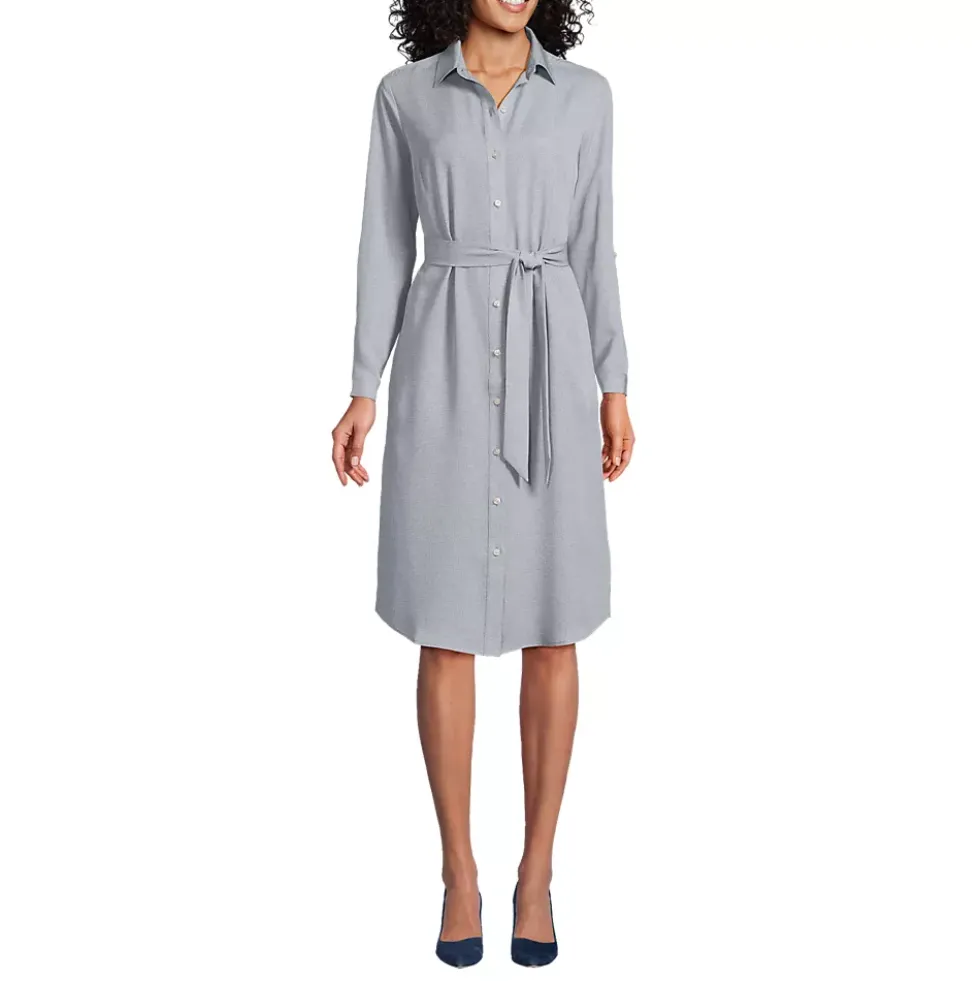 Women's Long Sleeve Twill Below The Knee Belted Print Shirt Dress