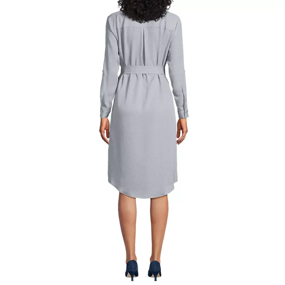 Women's Long Sleeve Twill Below The Knee Belted Print Shirt Dress