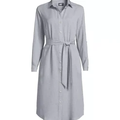 Women's Long Sleeve Twill Below The Knee Belted Print Shirt Dress