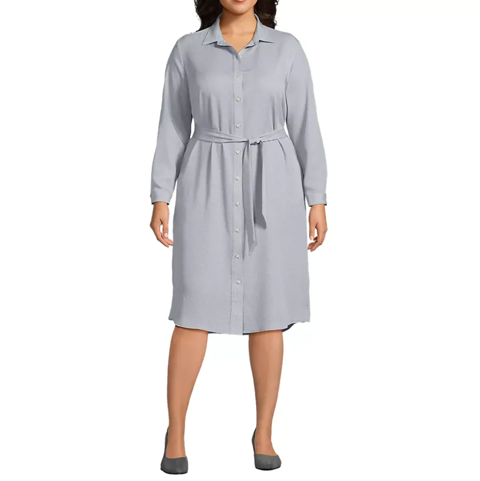 Women's Long Sleeve Twill Below The Knee Belted Print Shirt Dress