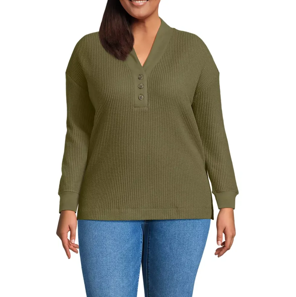 Women's Long Sleeve Waffle Shawl Collar Henley