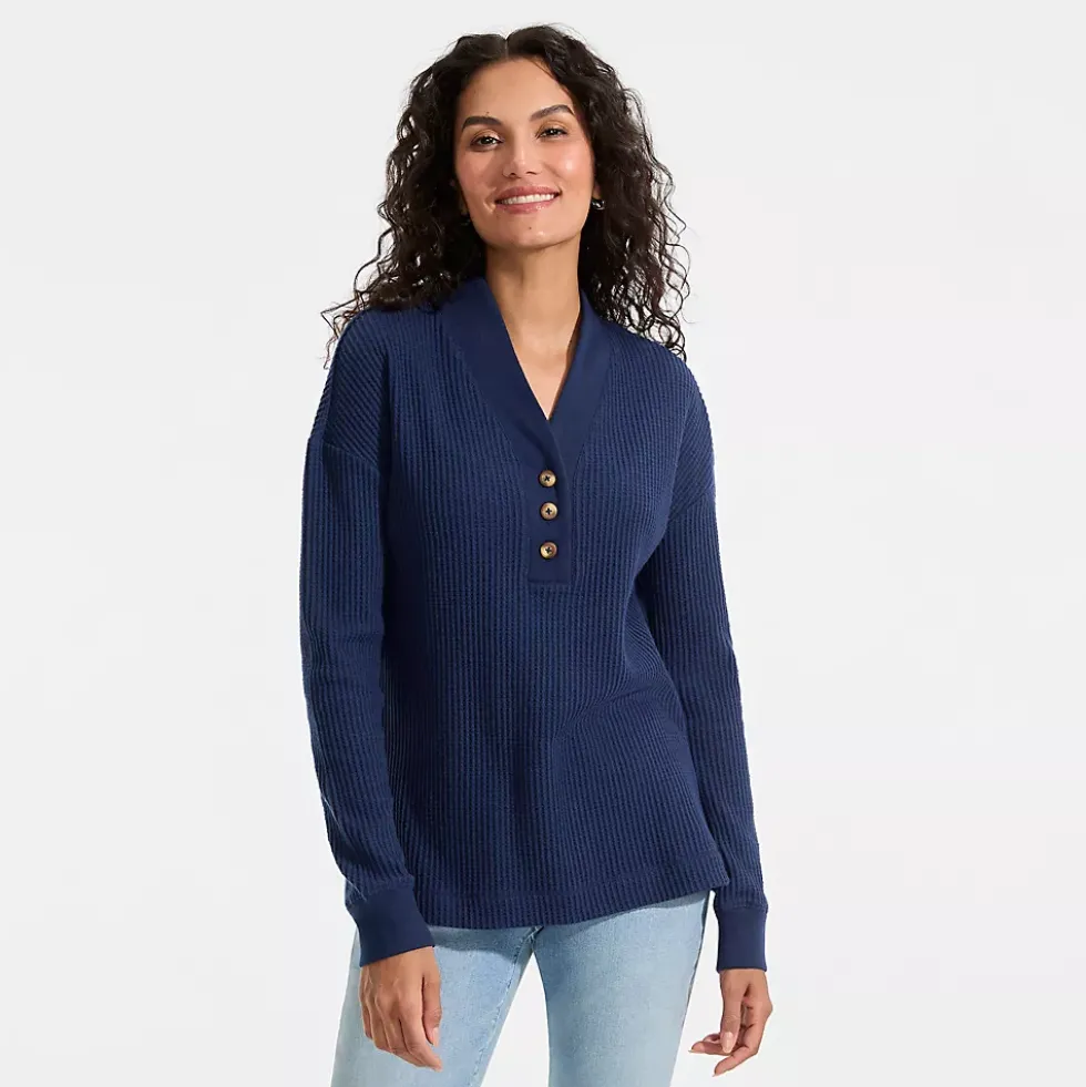 Women's Long Sleeve Waffle Shawl Collar Henley