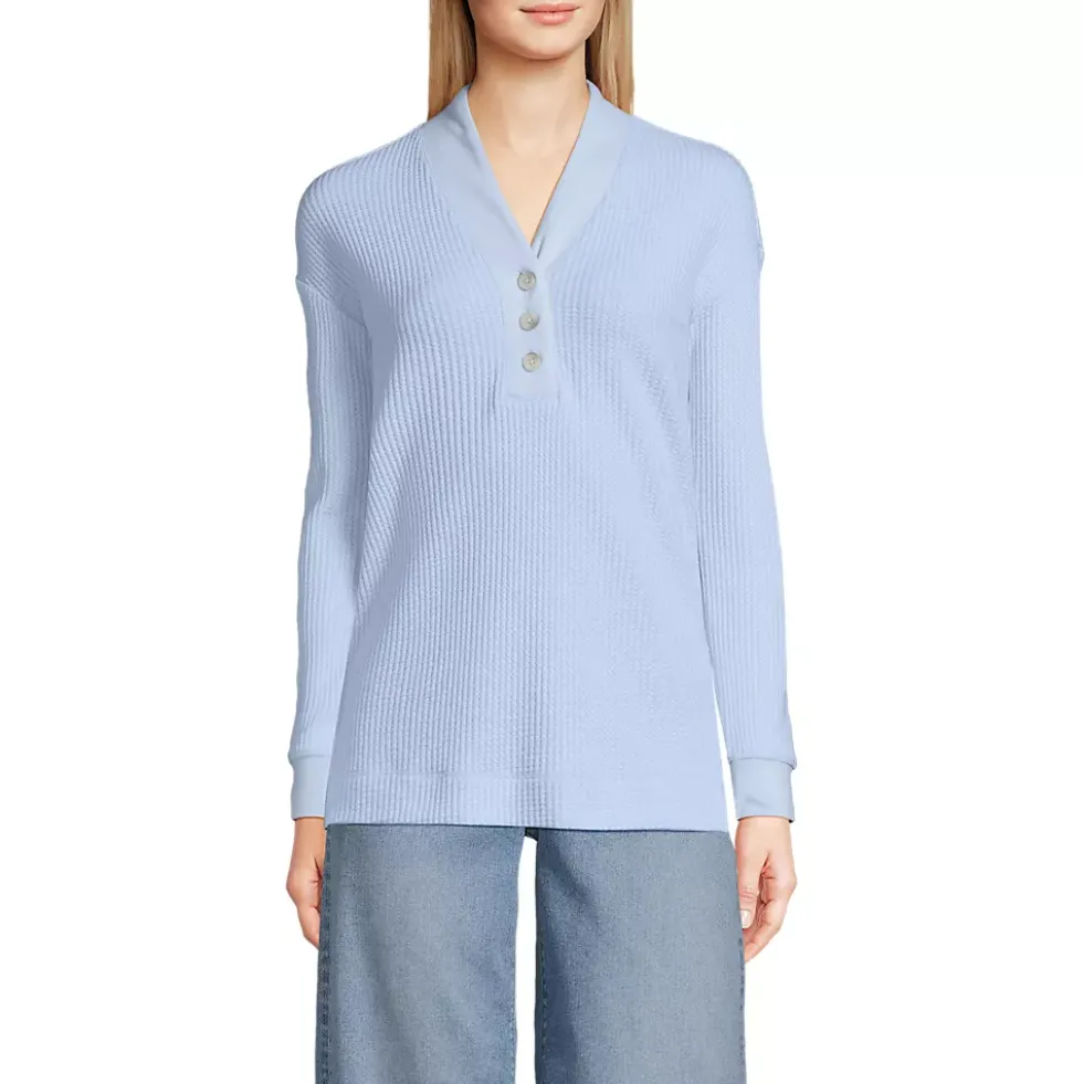 Women's Long Sleeve Waffle Shawl Collar Henley