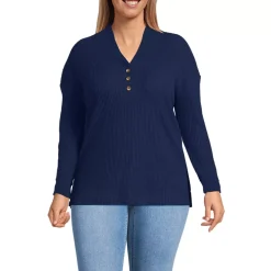 Women's Long Sleeve Waffle Shawl Collar Henley