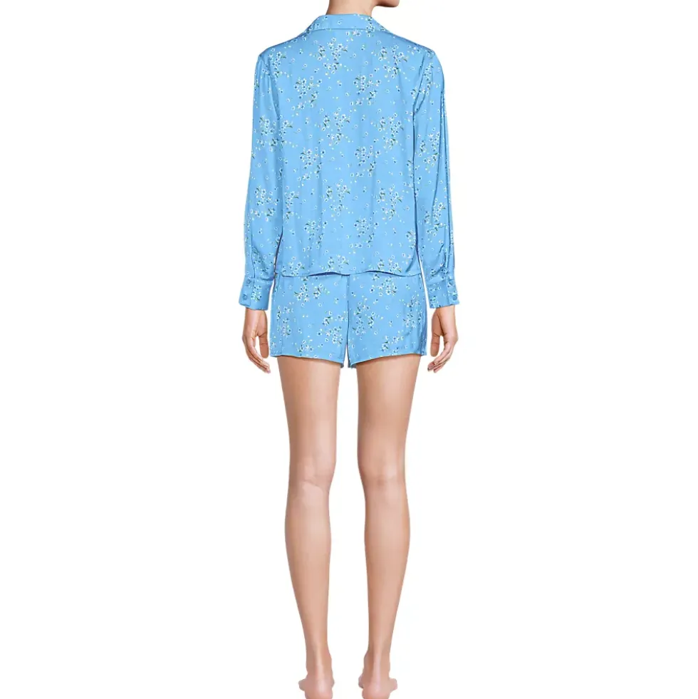 Women's Matte Satin 2 Piece Pajama Set - Long Sleeve Top and Shorts