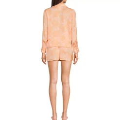 Women's Matte Satin 2 Piece Pajama Set - Long Sleeve Top and Shorts
