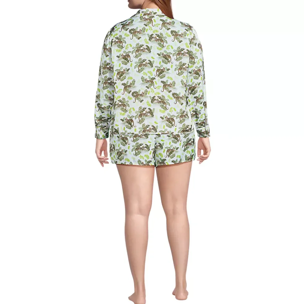Women's Matte Satin 2 Piece Pajama Set - Long Sleeve Top and Shorts