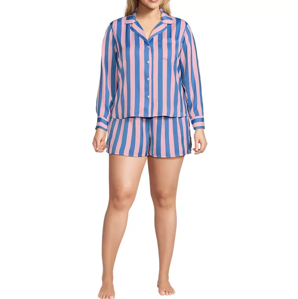 Women's Matte Satin 2 Piece Pajama Set - Long Sleeve Top and Shorts