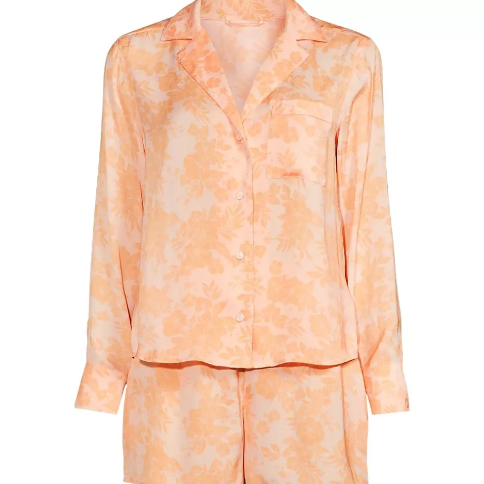 Women's Matte Satin 2 Piece Pajama Set - Long Sleeve Top and Shorts