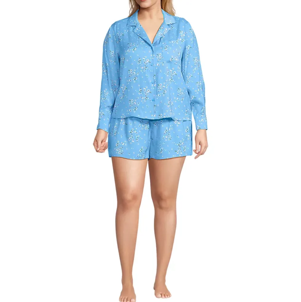 Women's Matte Satin 2 Piece Pajama Set - Long Sleeve Top and Shorts