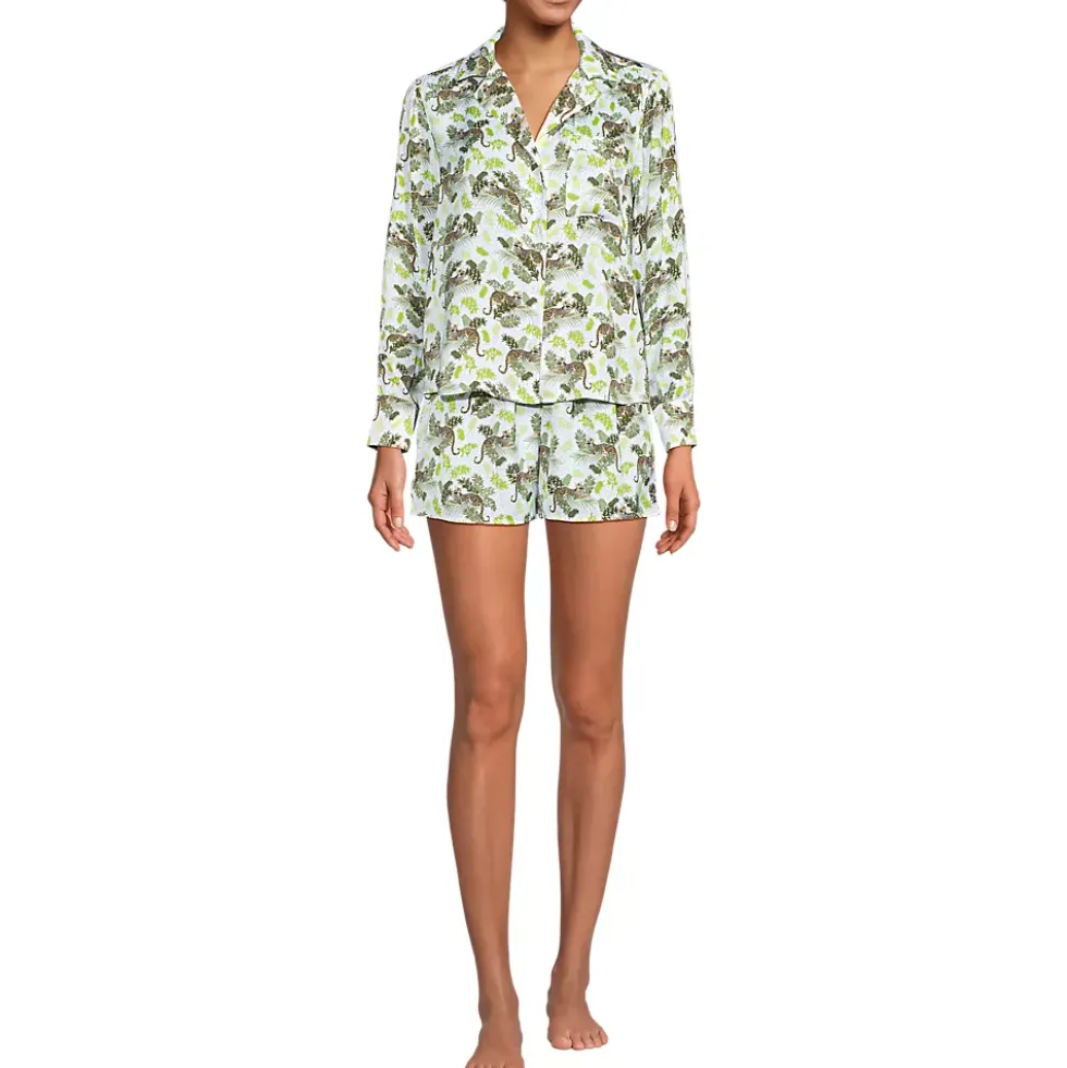 Women's Matte Satin 2 Piece Pajama Set - Long Sleeve Top and Shorts