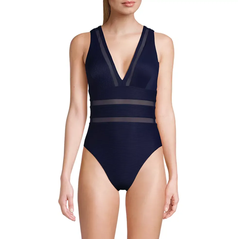 Women's Mesh Ribbed Plunge High Leg One Piece Swimsuit