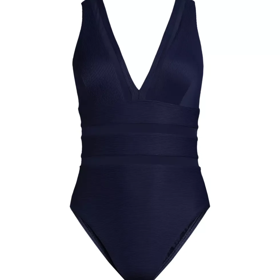 Women's Mesh Ribbed Plunge High Leg One Piece Swimsuit
