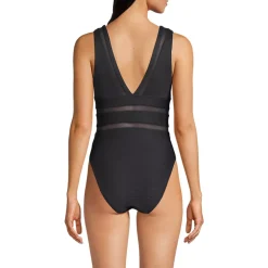 Women's Mesh Ribbed Plunge High Leg One Piece Swimsuit