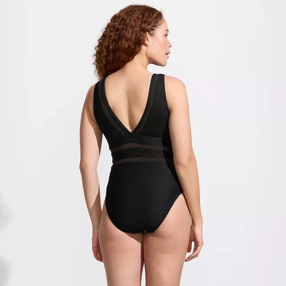 Women's Mesh Ribbed Plunge High Leg One Piece Swimsuit