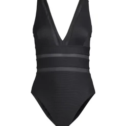 Women's Mesh Ribbed Plunge High Leg One Piece Swimsuit