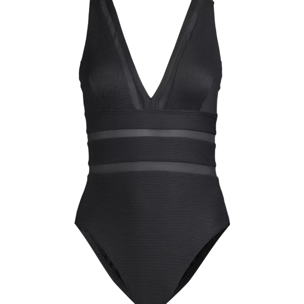 Women's Mesh Ribbed Plunge High Leg One Piece Swimsuit