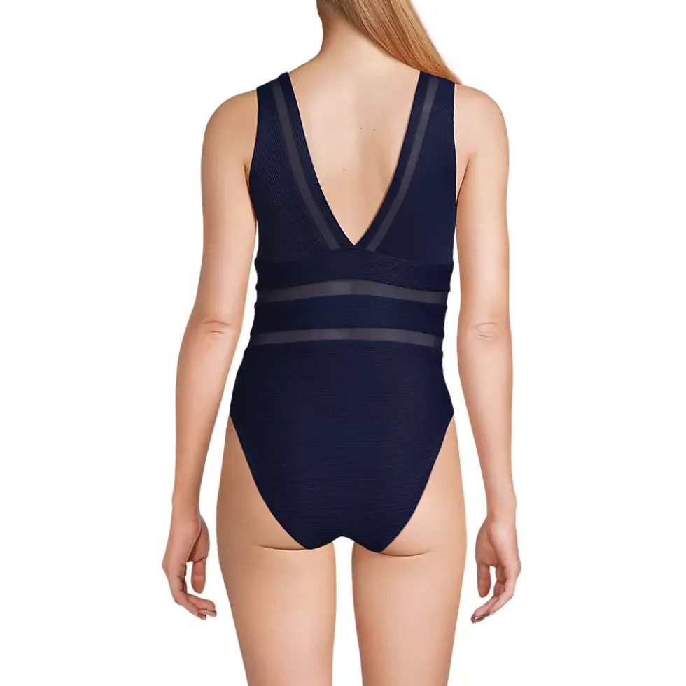 Women's Mesh Ribbed Plunge High Leg One Piece Swimsuit