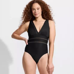 Women's Mesh Ribbed Plunge High Leg One Piece Swimsuit