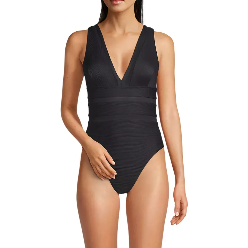 Women's Mesh Ribbed Plunge High Leg One Piece Swimsuit