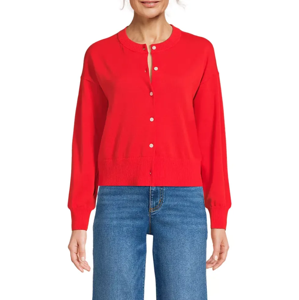 Women's Modern Length Fine Gauge Crew Neck Cardigan Sweater