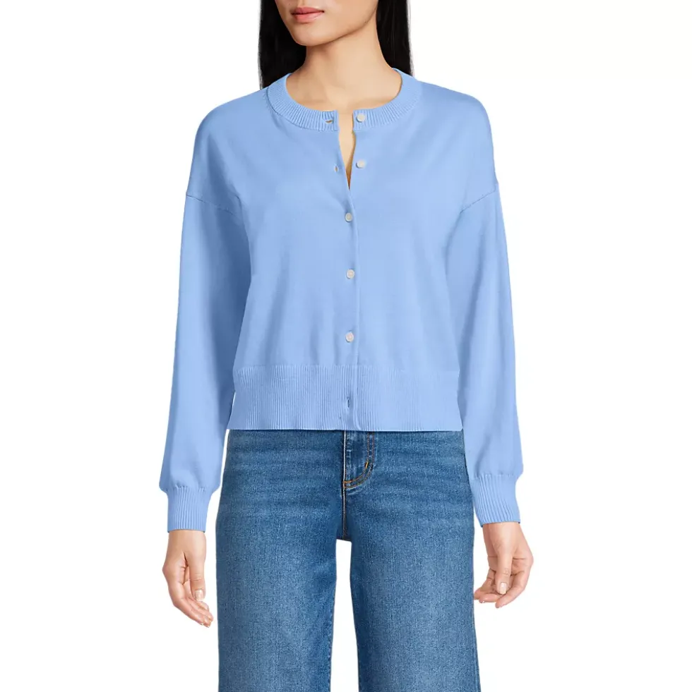 Women's Modern Length Fine Gauge Crew Neck Cardigan Sweater