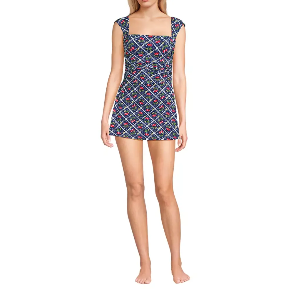 Women's NEW Smoothing Square Neck Ruched Swim Dress Swimsuit