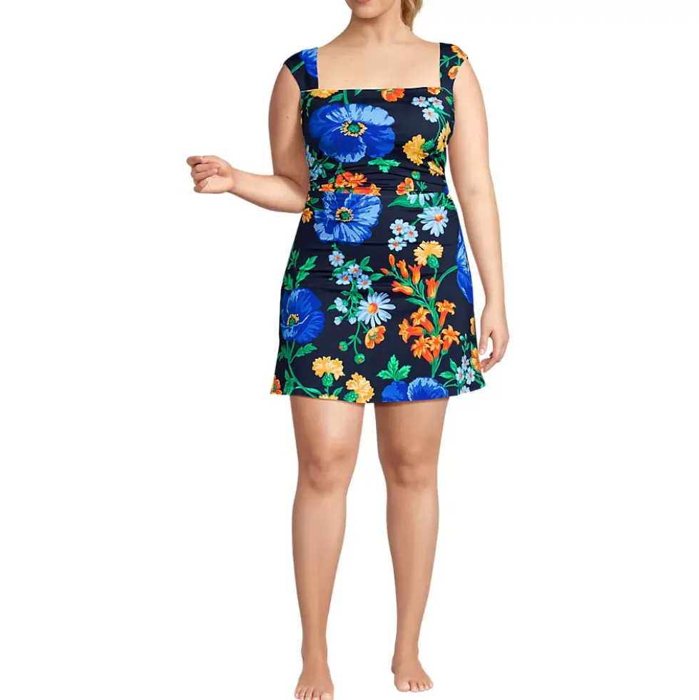 Women's NEW Smoothing Square Neck Ruched Swim Dress Swimsuit