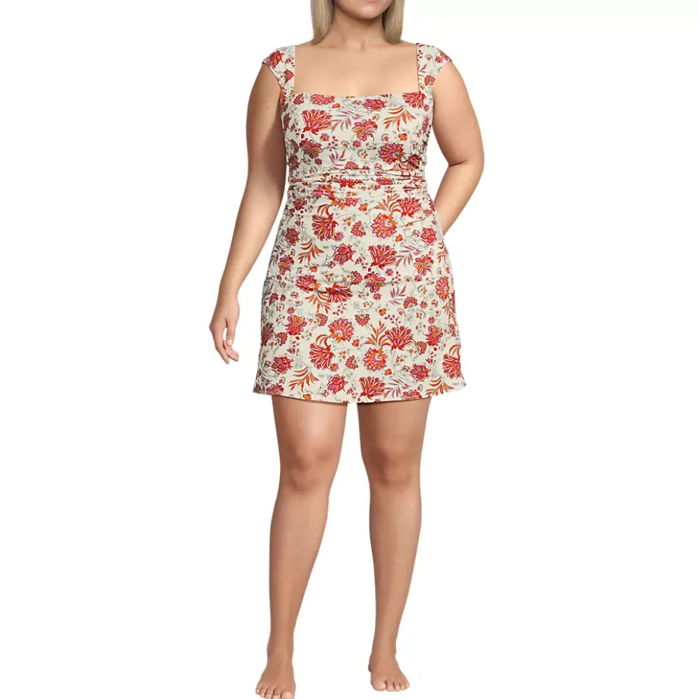 Women's NEW Smoothing Square Neck Ruched Swim Dress Swimsuit