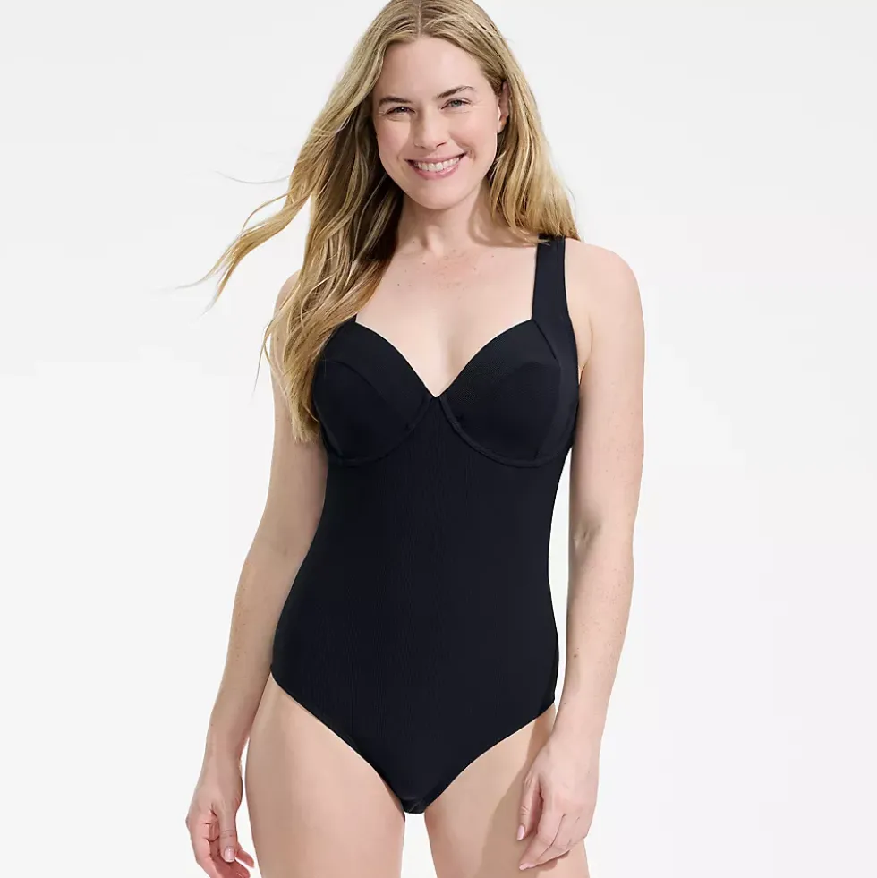 Womens Ottoman Rib Seamed Underwire Tie Back One Piece