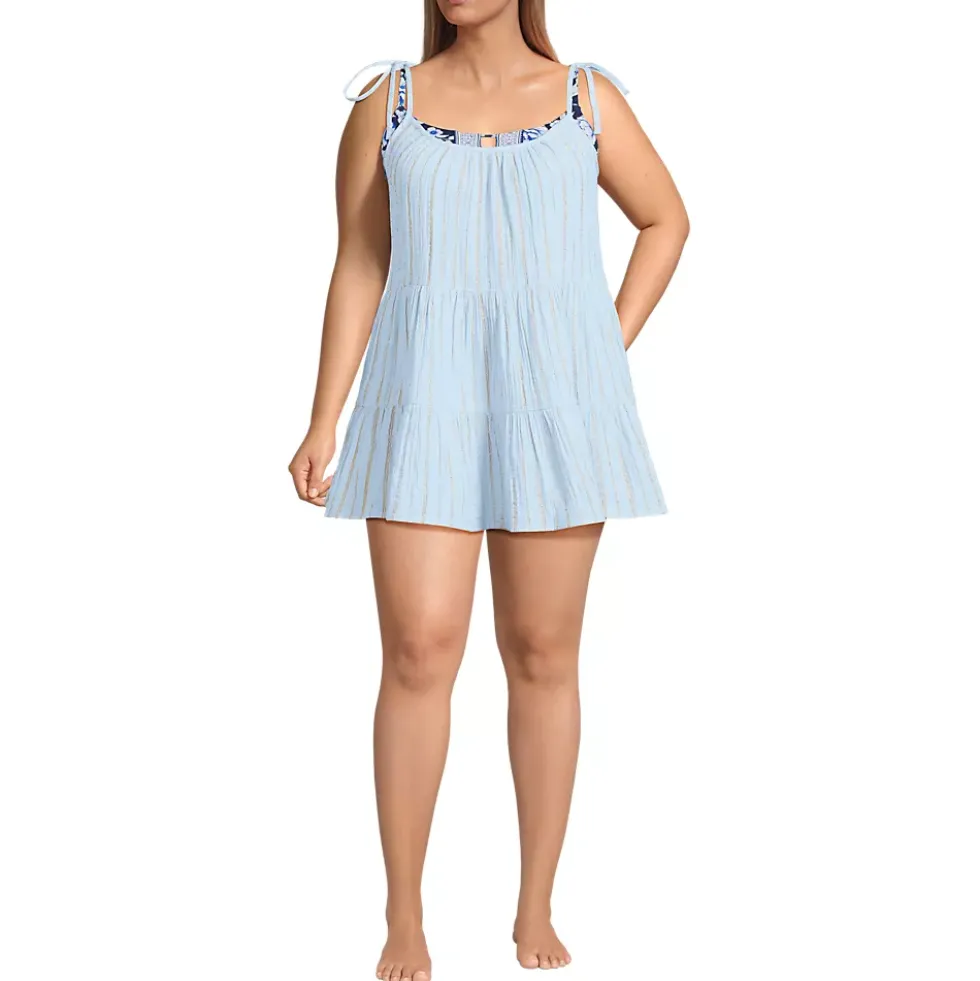 Women's Oversized Cotton Gauze Metallic Tiered Mini Cover-up Dress