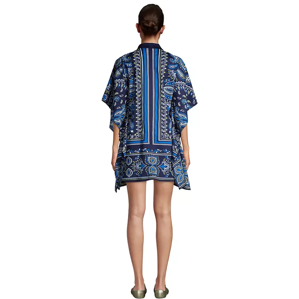 Women's Petite Cotton Poplin Button Down Kaftan Shirt Dress Swim Cover-up Print