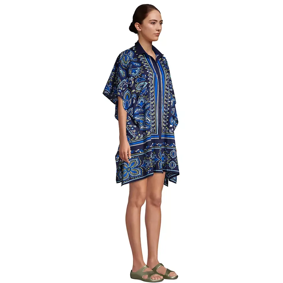 Women's Petite Cotton Poplin Button Down Kaftan Shirt Dress Swim Cover-up Print