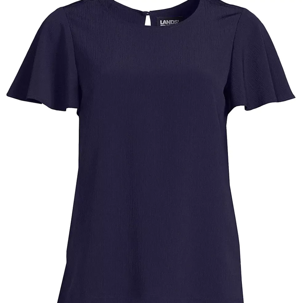 Women's Petite Crinkle Crepe Flutter Sleeve Blouse