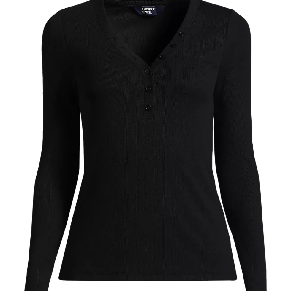 Women's Petite Drapey Rib Skimming Long Sleeve Henley T-Shirt