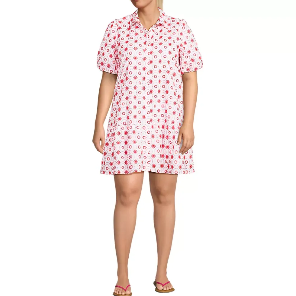 Women's Petite Elbow Sleeve Eyelet Knee Length Shirt Dress