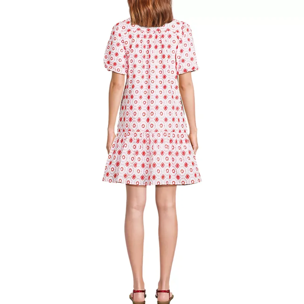 Women's Petite Elbow Sleeve Eyelet Knee Length Shirt Dress