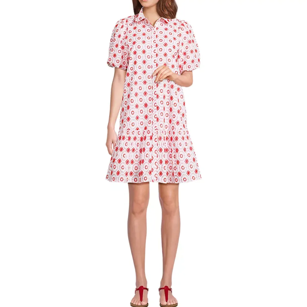 Women's Petite Elbow Sleeve Eyelet Knee Length Shirt Dress