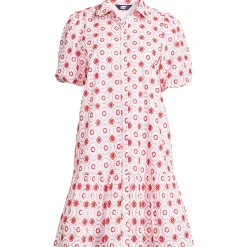Women's Petite Elbow Sleeve Eyelet Knee Length Shirt Dress