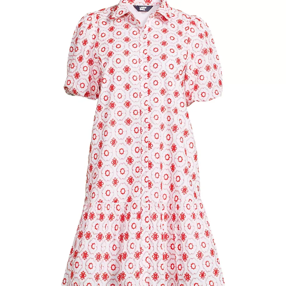 Women's Petite Elbow Sleeve Eyelet Knee Length Shirt Dress