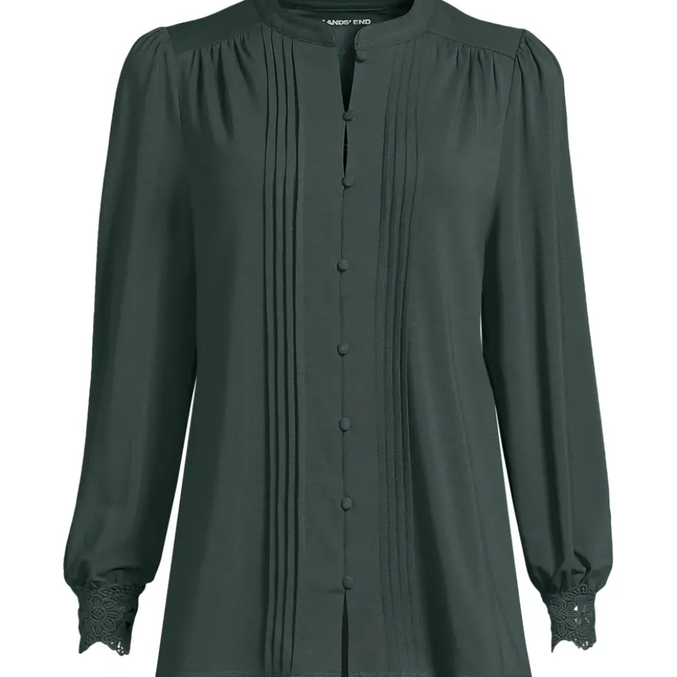 Women's Petite Lightweight Jersey Long Sleeve Button Front Pintuck Top