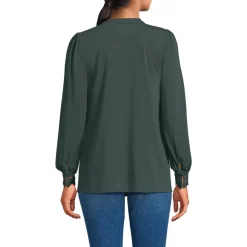 Women's Petite Lightweight Jersey Long Sleeve Button Front Pintuck Top