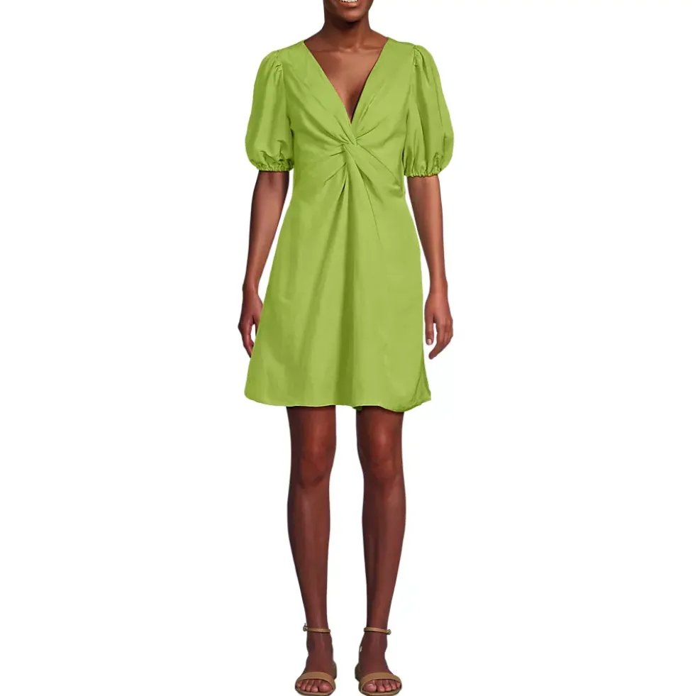 Women's Petite Linen Above the Knee Puff Sleeve Dress
