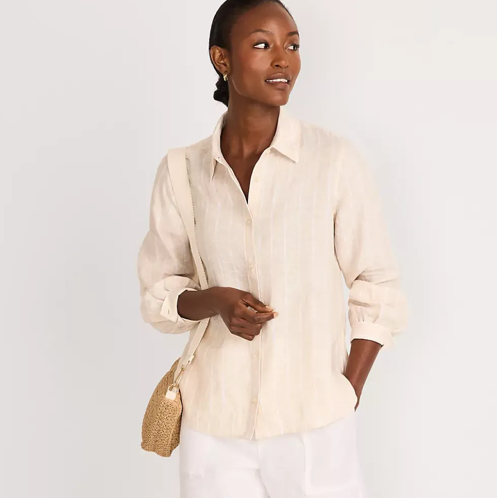 Women's Petite Linen Long Sleeve Feminine Shirt