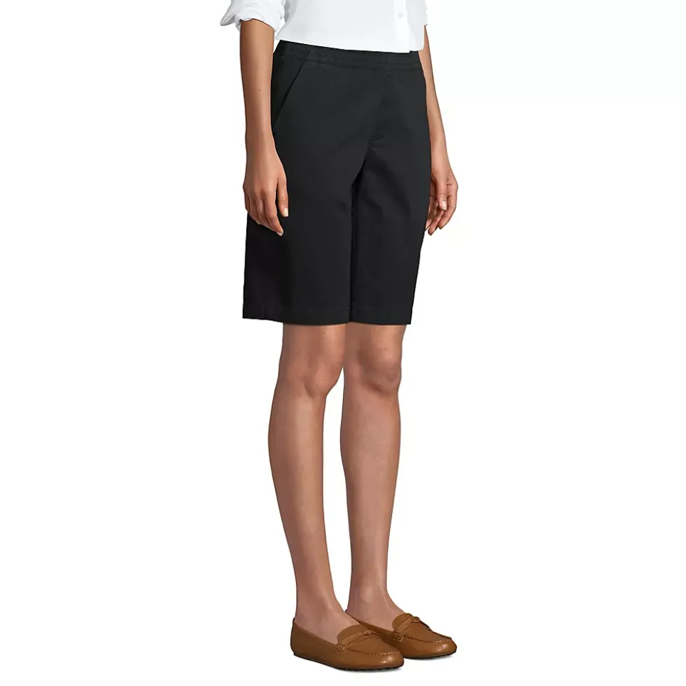 Women's Petite Mid Rise Elastic Waist Pull On 12 inch Chino Bermuda Shorts