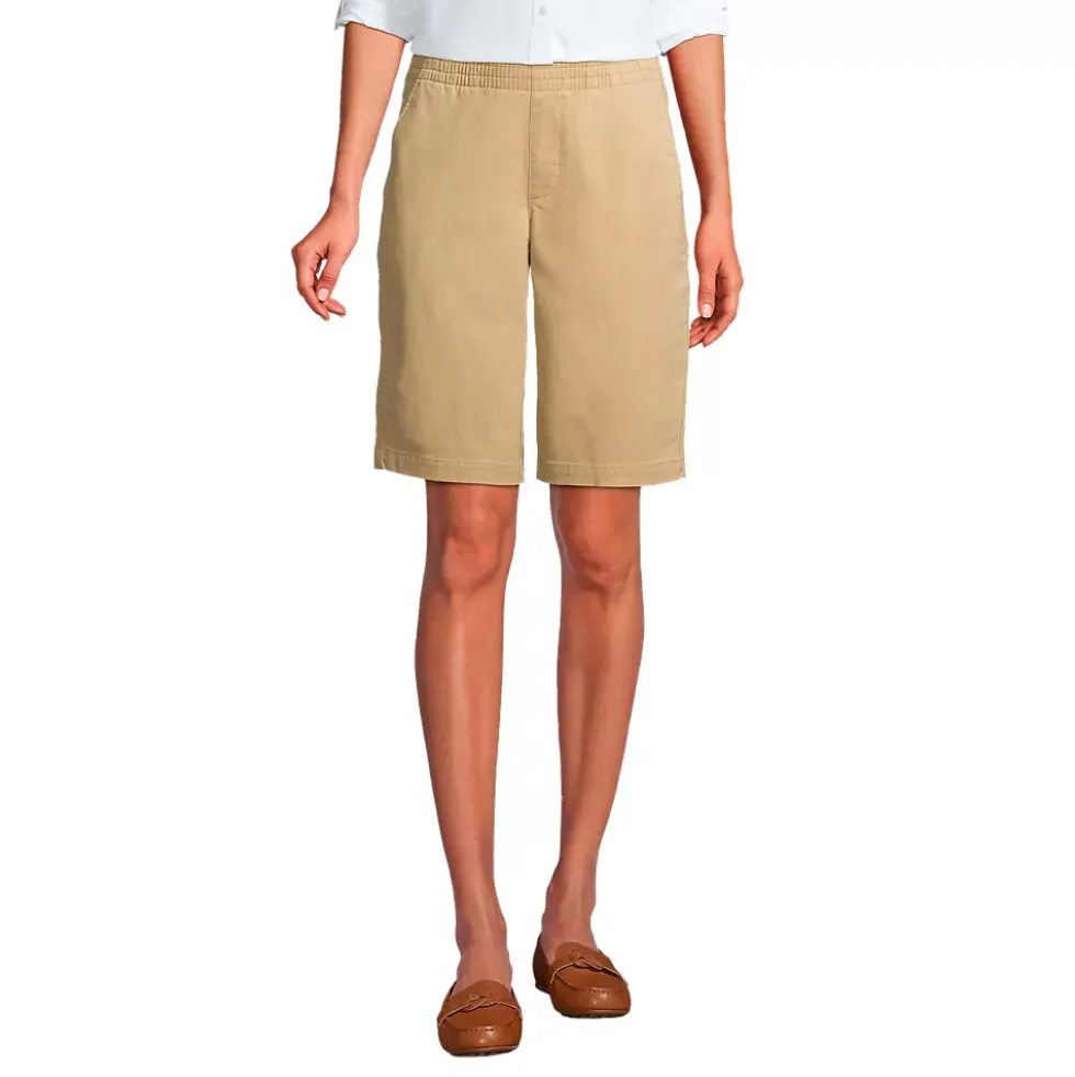 Women's Petite Mid Rise Elastic Waist Pull On 12 inch Chino Bermuda Shorts