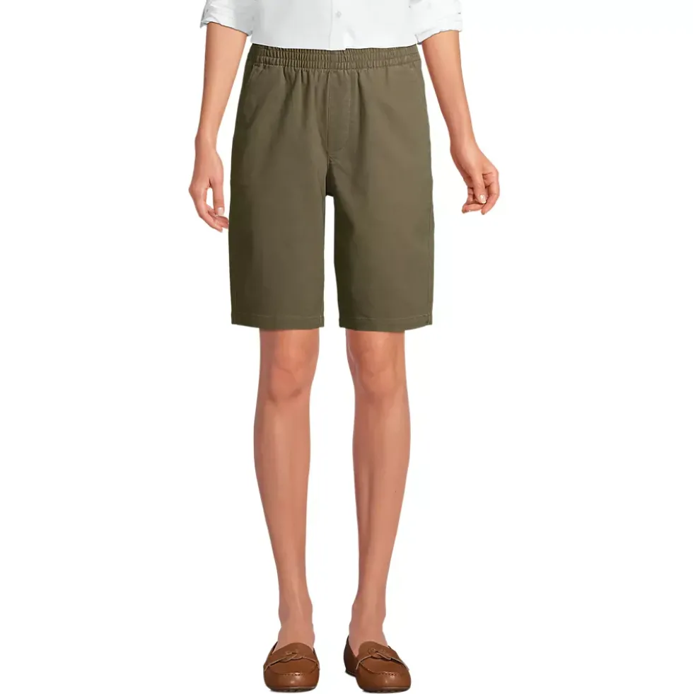 Women's Petite Mid Rise Elastic Waist Pull On 12 inch Chino Bermuda Shorts