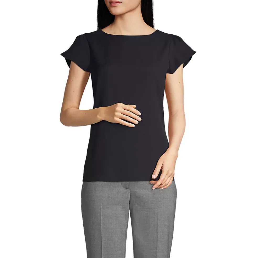 Women's Petite Short Sleeve Crepe Tulip Sleeve Blouse