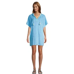 Women's Petite Terry V-neck Short Sleeve Hooded Swim Cover-up Dress with Pocket